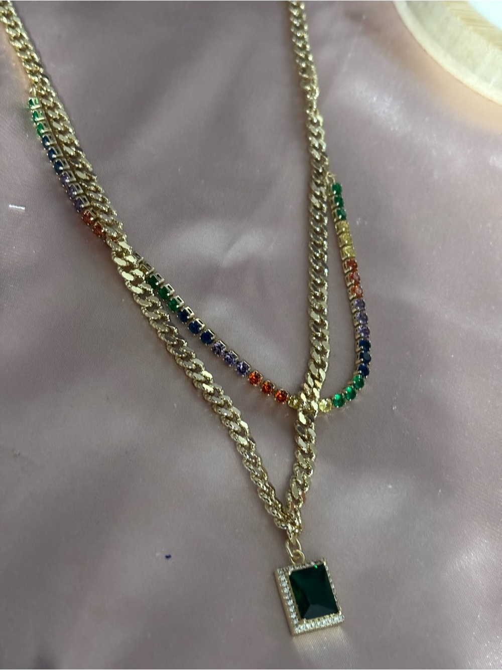 Gold filled Layered Necklace with Green Pendant and Multicolor Accents